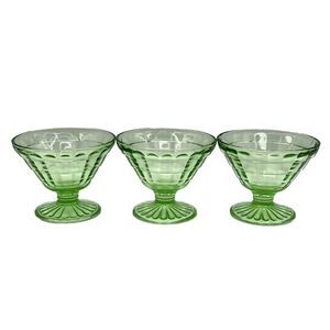 Anchor Hocking Uranium Green Block Optic Sherbet Dessert Cups Vintage Set Of 3